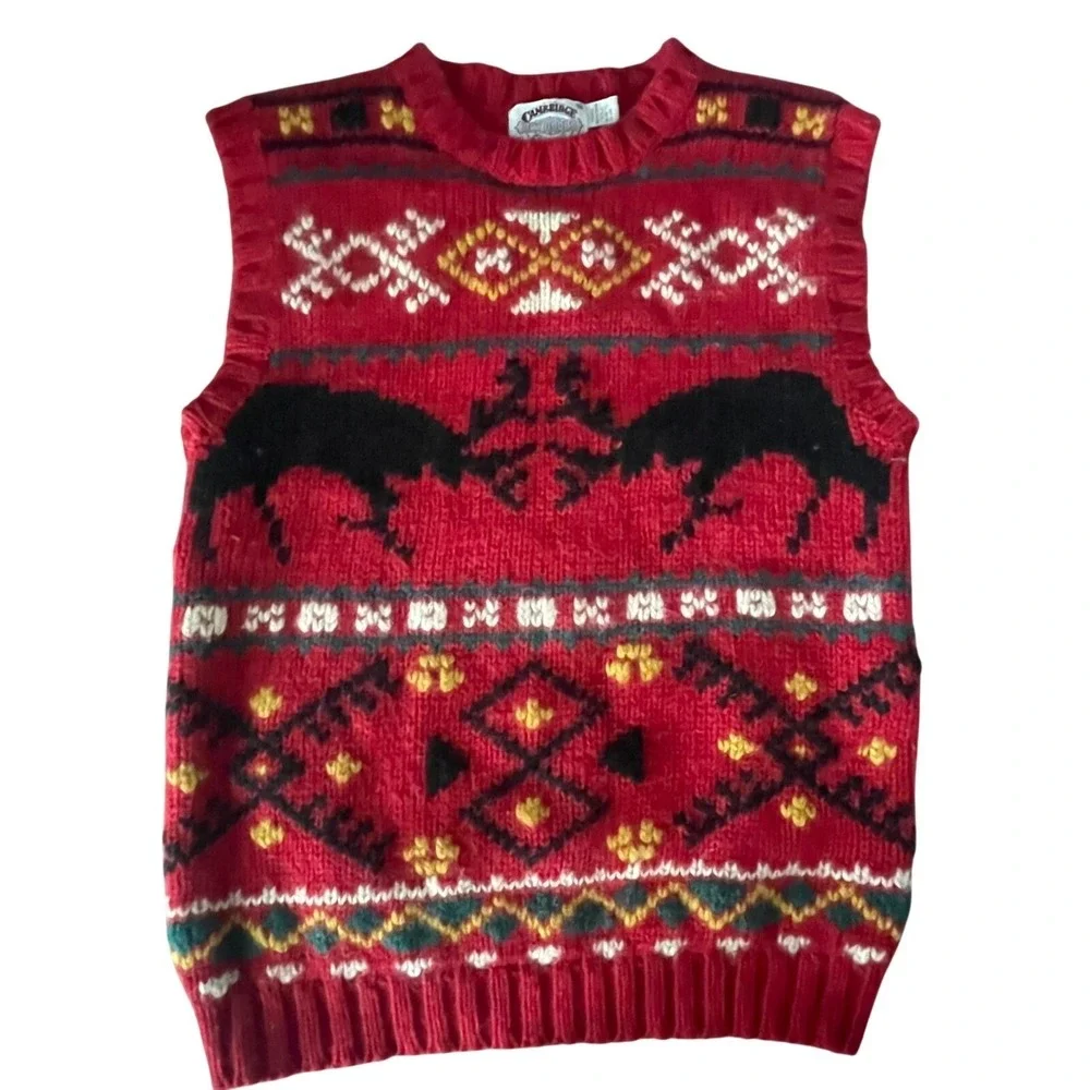 Cambridge Dry Goods Sweater Vest Mens Medium Red Fair Isle Reindeer Wool Vintage